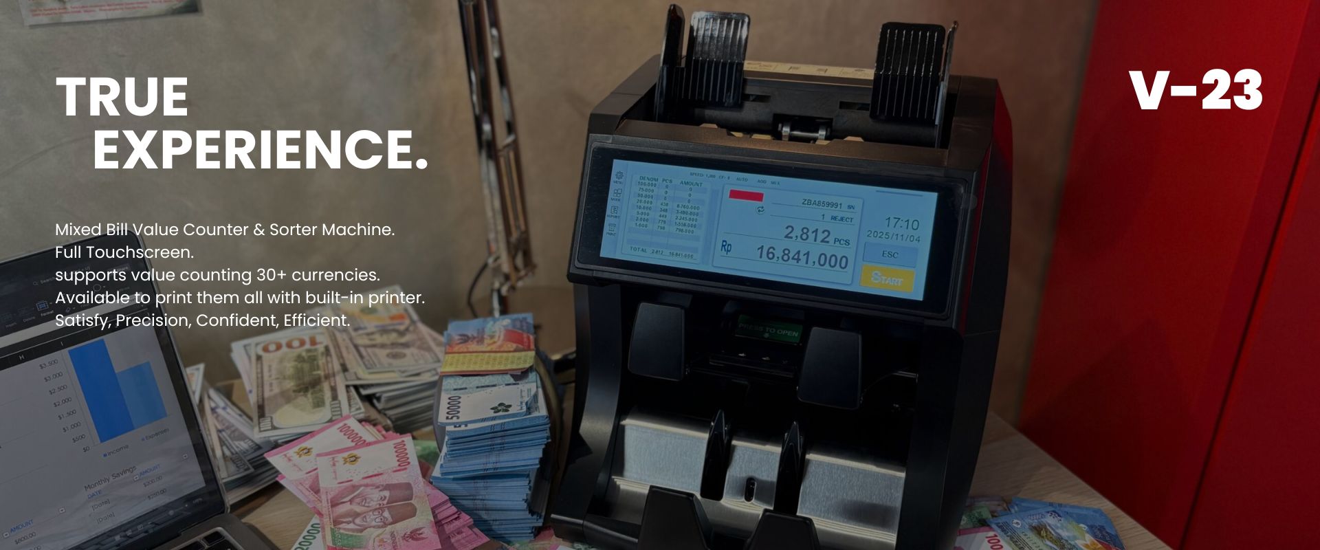 mixed bill value counter & sorter machine. full touchscreen. supports value counting 30+ currencies. available to print them all with built in printer. satisfy, precision, confident, efficient.